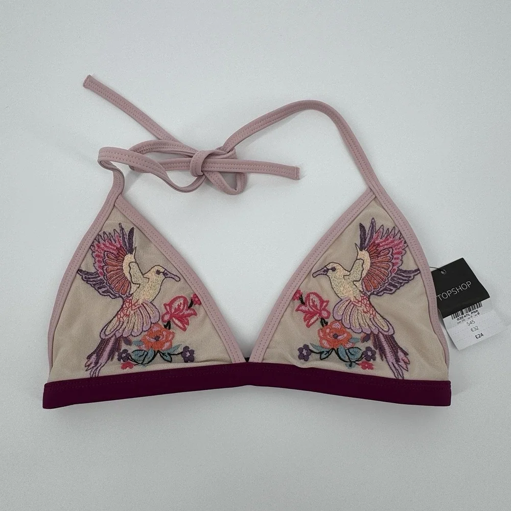 Topshop Embroidered Floral Bikini Top Size 4‎ Pink Halter Swimwear Y2K FairyCore